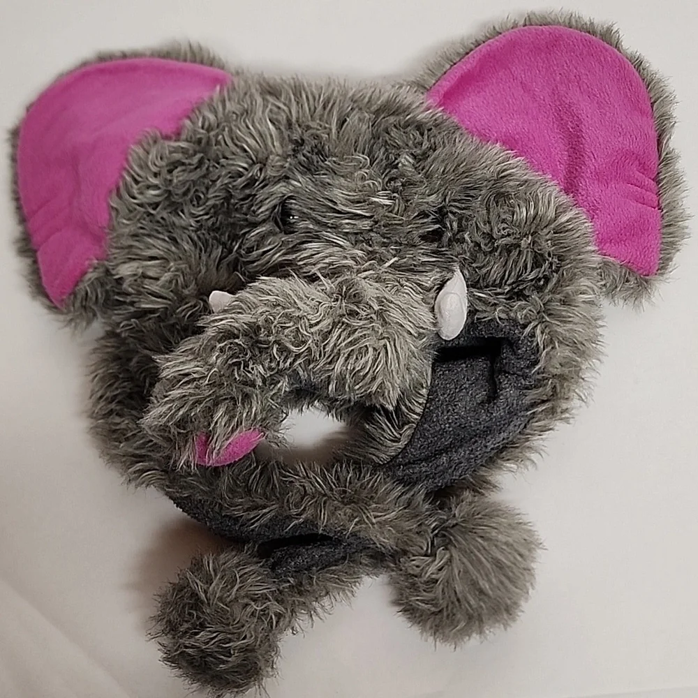 Plush Elephant Hat with Pink Ears, White Tusks, And Adorable Trunk.